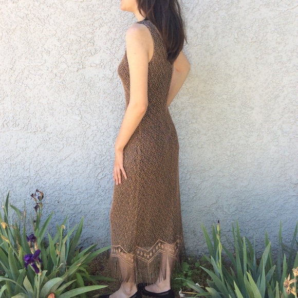 Vintage Harlow Crochet Knit Swanky Fringe Long Maxi Dress 👗 Evening Party Gown - Picture 5 of 8